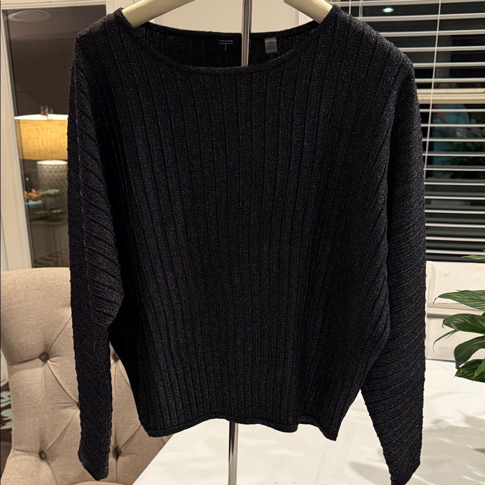T Tahari Midnight Ribbed Crew Neck Sweater